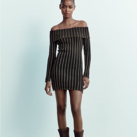 ZARA BLOGGER FAVORITE OFF-THE-SHOULDER ACID WASH KNIT DRESS - Picture 3 of 10